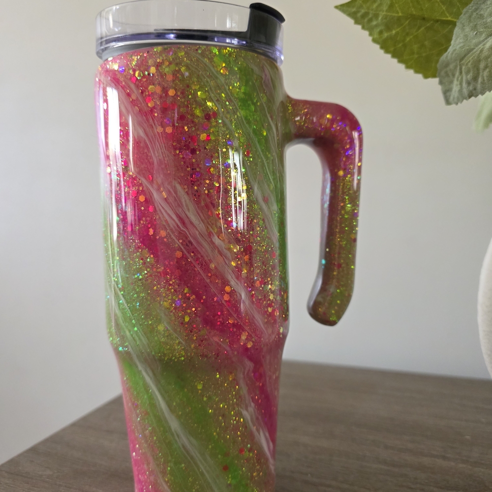 Glittery Pink and Green Swirl Tumbler